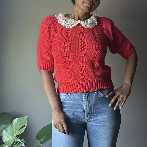Vintage Kate Landry Lace Collar Sweater Women’s Size M Red Classic Preppy Top - Picture 1 of 10